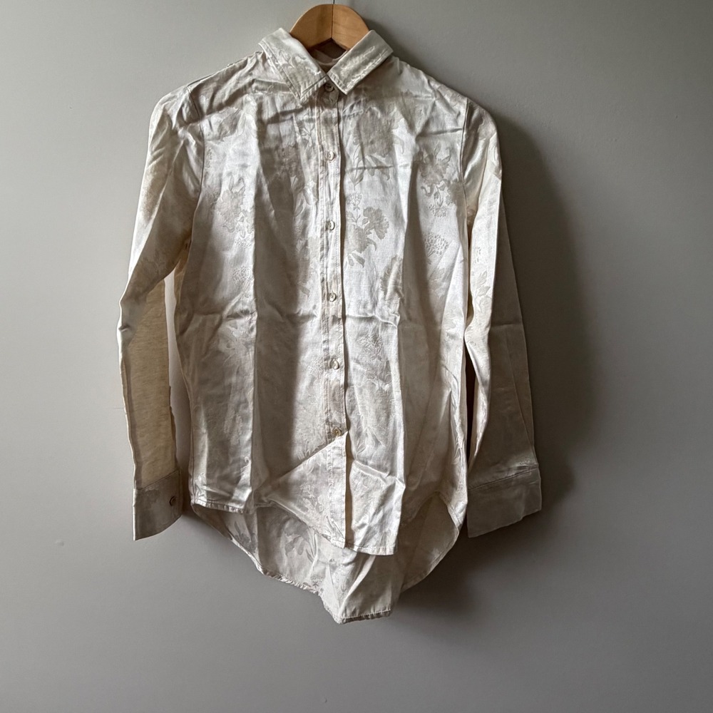 Lanhtropy Ivory Garden Blouse Floral Brocade Linen Cotton Button Down Top Small
